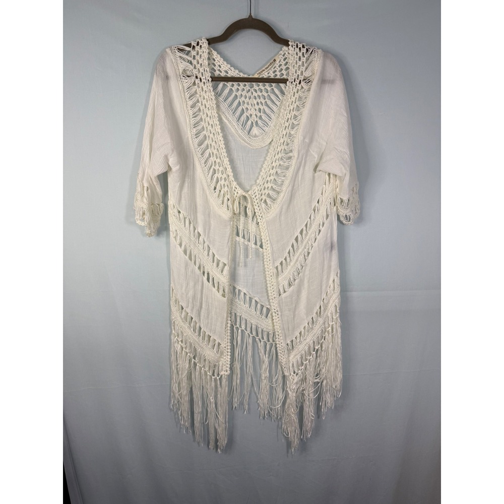 Hippie‎ Laundry Crochet Fringe Kimono Cardigan Womens Large White Boho T10224